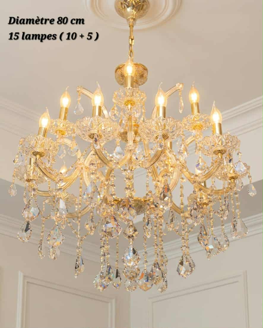 Lustre Élégance Cristal Doré 15 Lumières