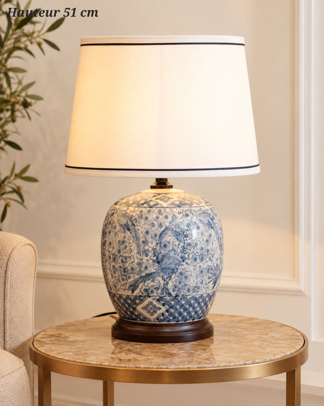 Lampe à poser Églantine bleu et blanc – 51 cm