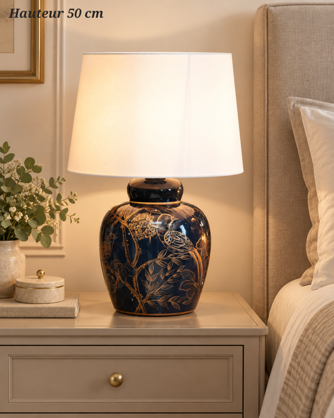 Lampe à poser Éden bleu nuit à décor d’oiseau – 50 cm