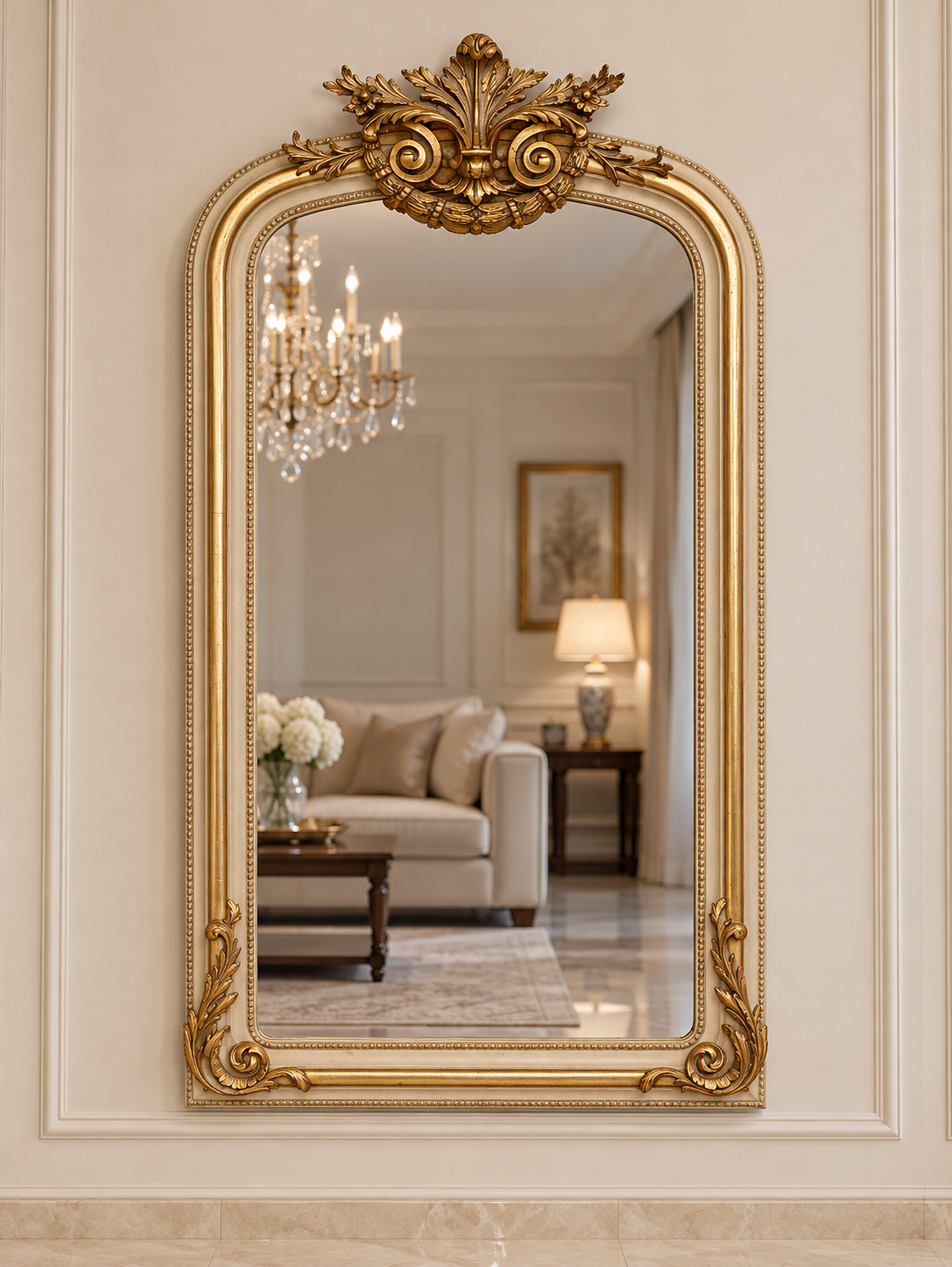 Miroir à palmette et volutes, cadre en bois doré à la feuille et ivoire, 148 × 85 cm