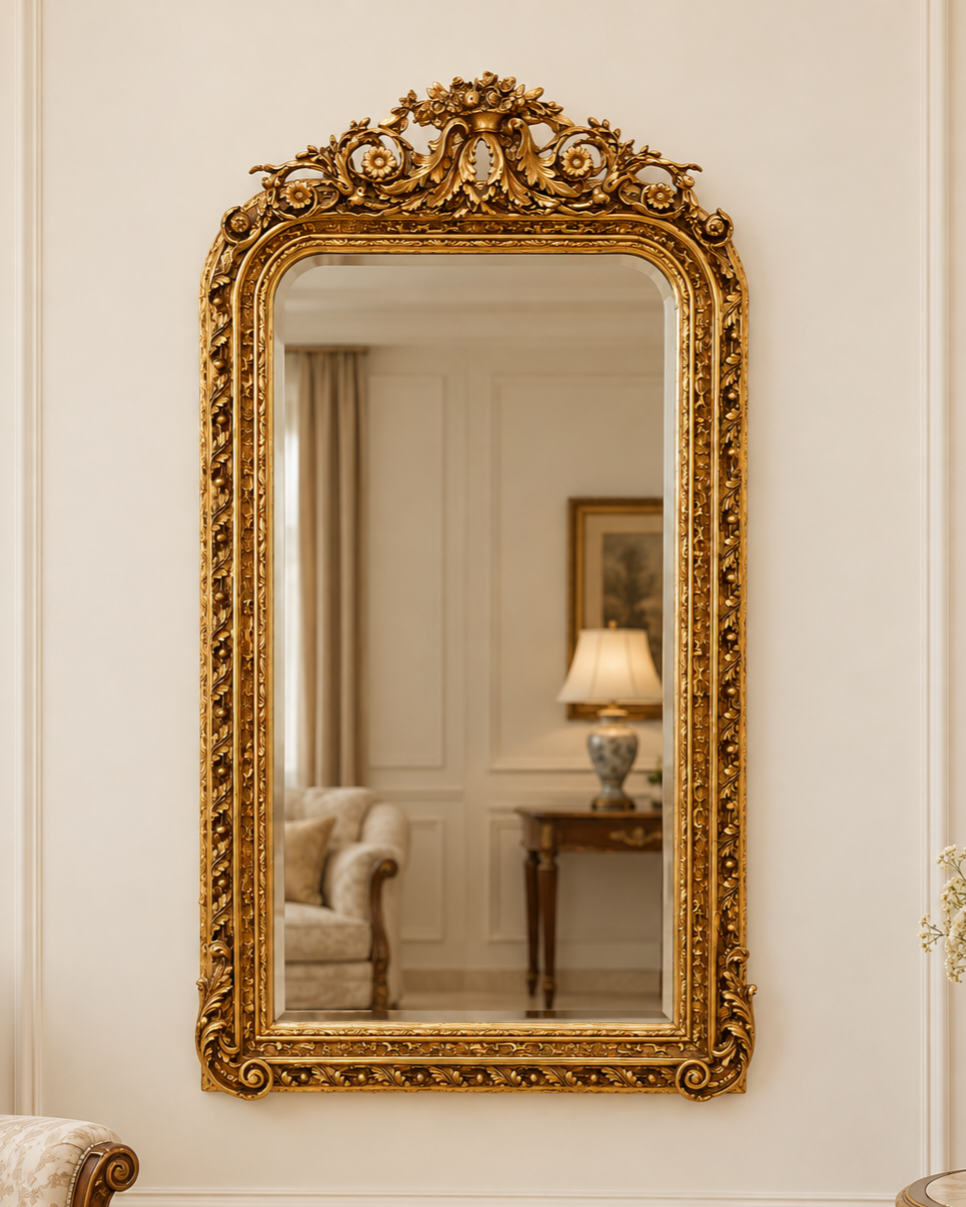 Miroir Trianon avec cadre en bois doré à la feuille, couronnement floral ajouré et volutes, 155 × 85 cm