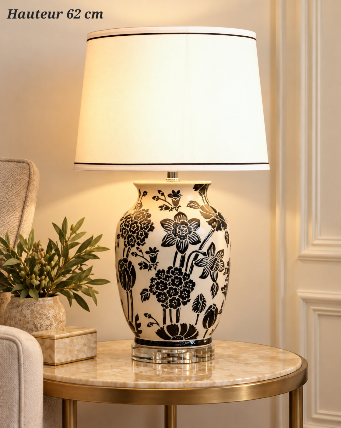 Lampe à poser Herbier ivoire à fleurs sombres – 62 cm