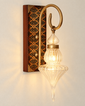 Applique murale en verre soufflé transparent, bois et bronze