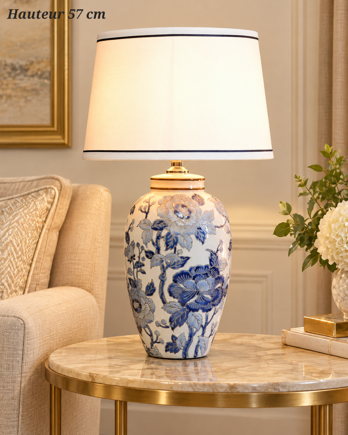 Lampe à poser Fleur d’Azur avec abat-jour blanc – 57 cm