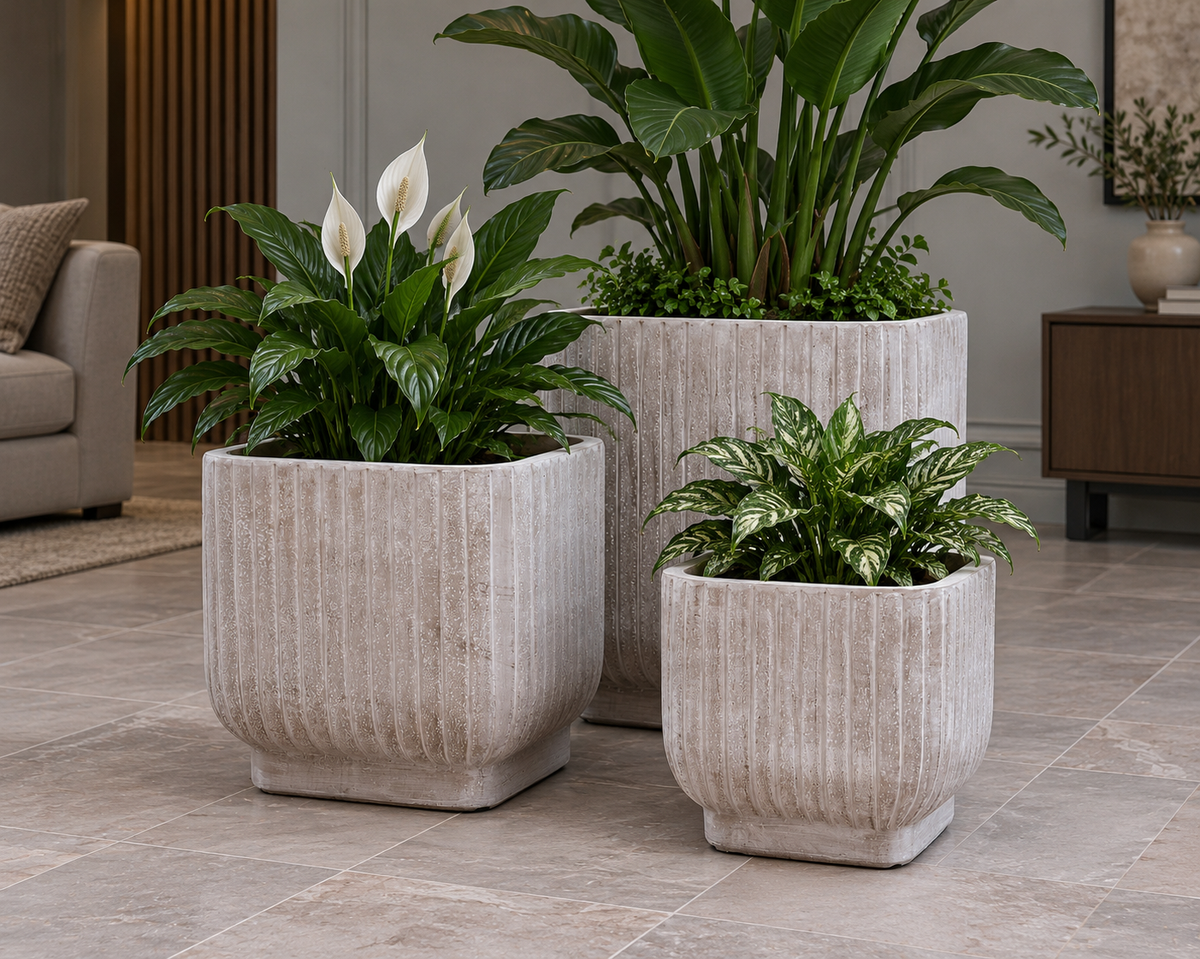 Cache-pot Halo carré strié beige