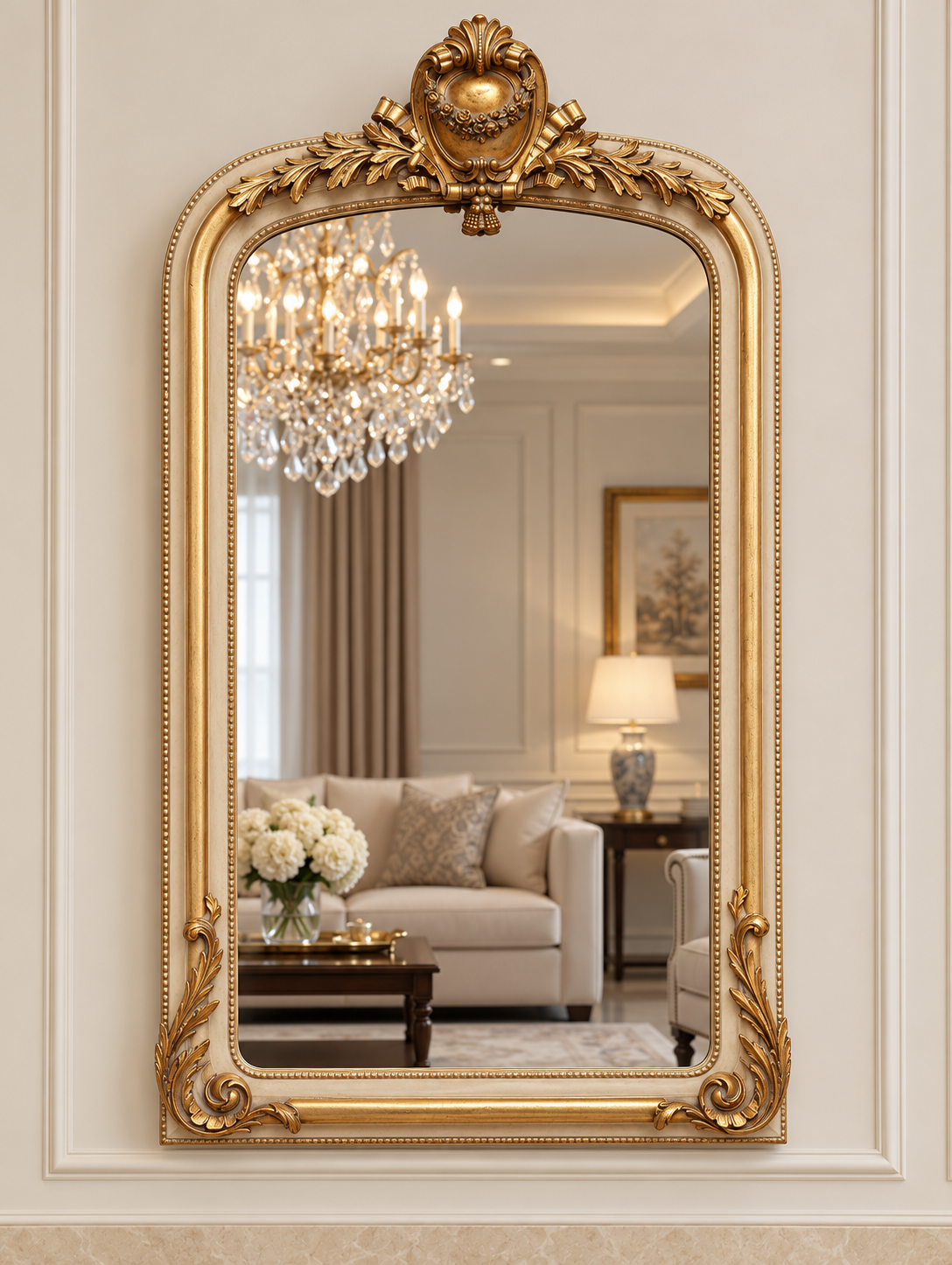 Miroir Impérial à médaillon, cadre en bois doré à la feuille et ivoire, 152 × 85 cm