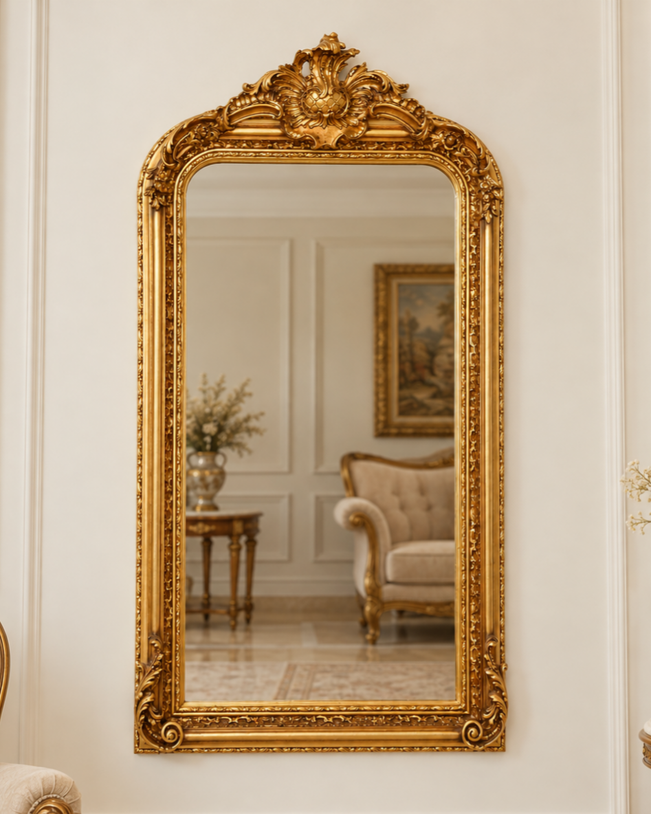 Miroir avec cadre en bois doré à la feuille, couronnement floral et volutes, 158 × 85 cm