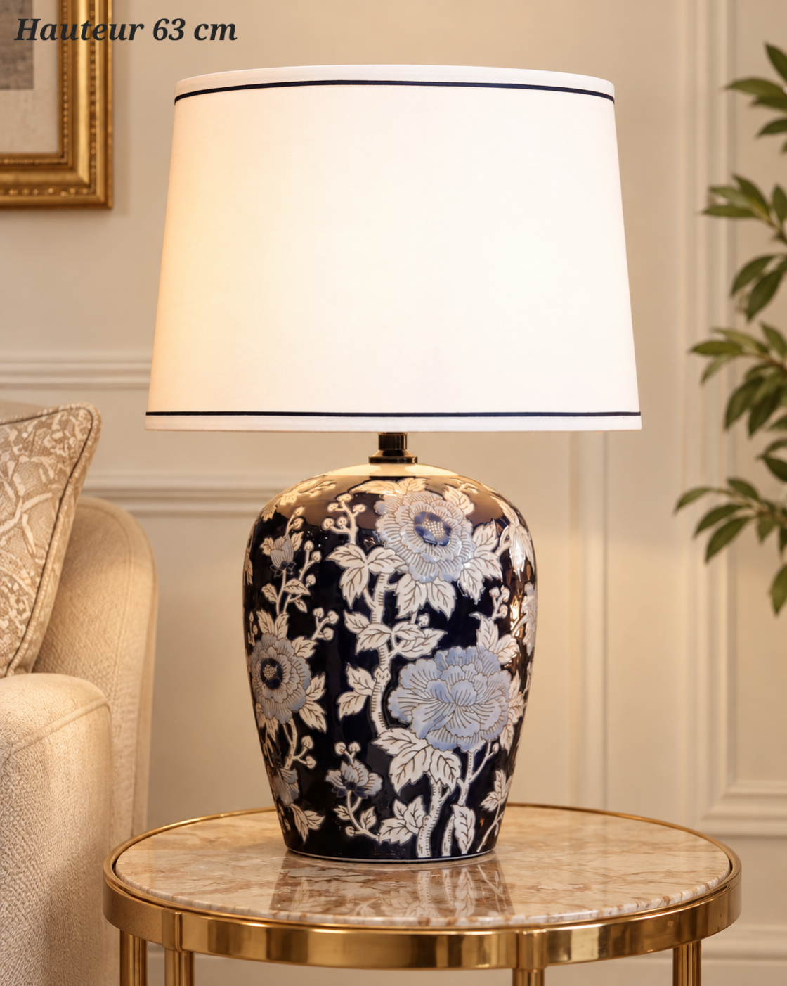 Lampe à poser Éclat Floral noir et blanc – 63 cm