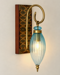 Applique murale ovale en verre soufflé turquoise, bois et bronze