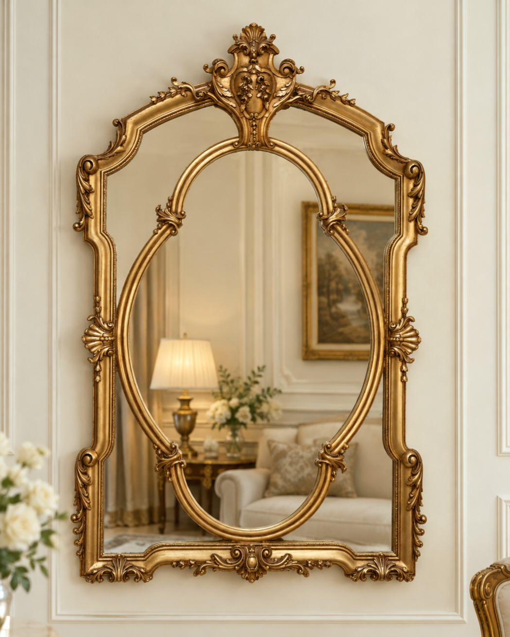 Miroir baroque en bois doré à la feuille, cadre orné de volutes et dessin intérieur ovale, 140 × 100 cm