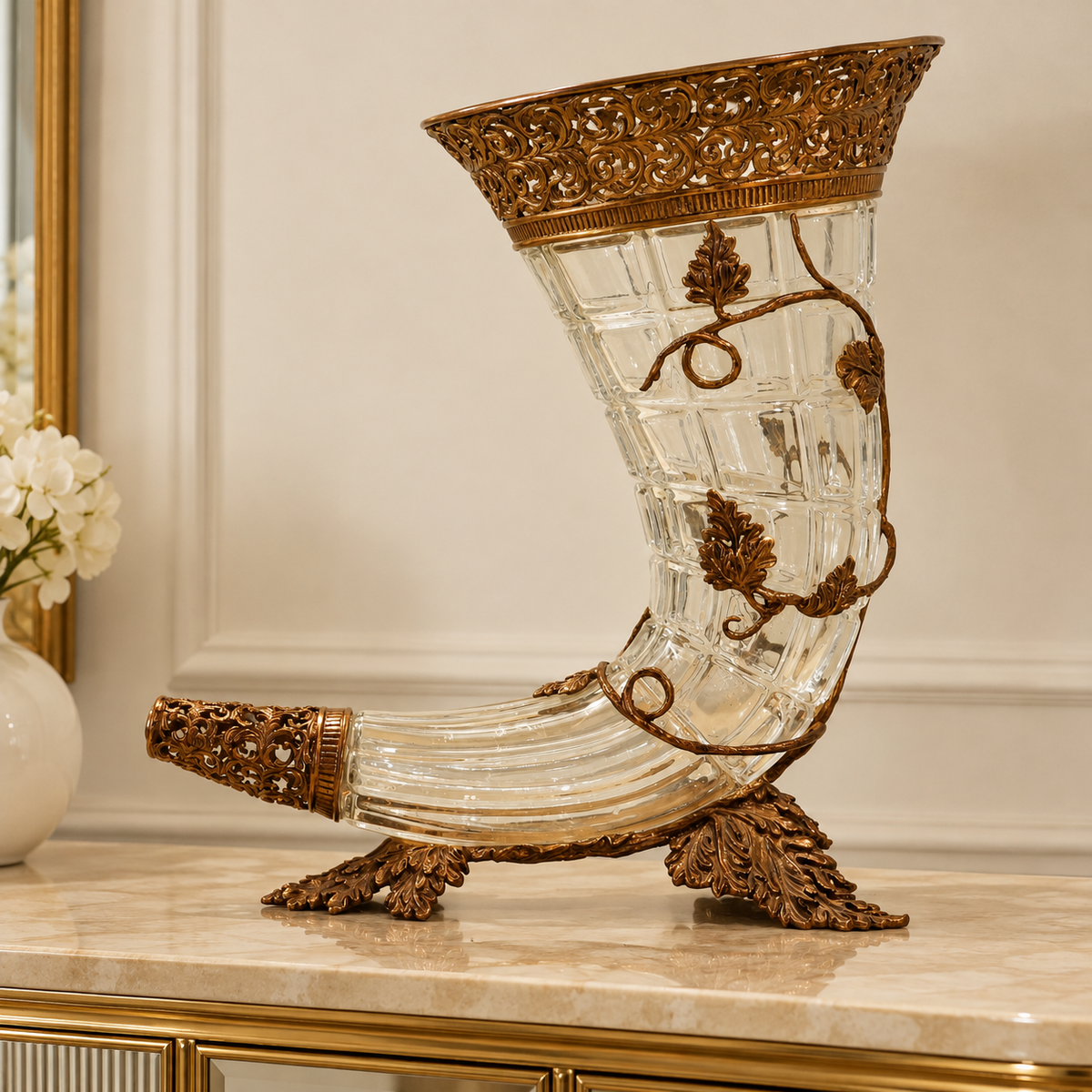 Corne d’abondance décorative en cristal et bronze – 35 cm