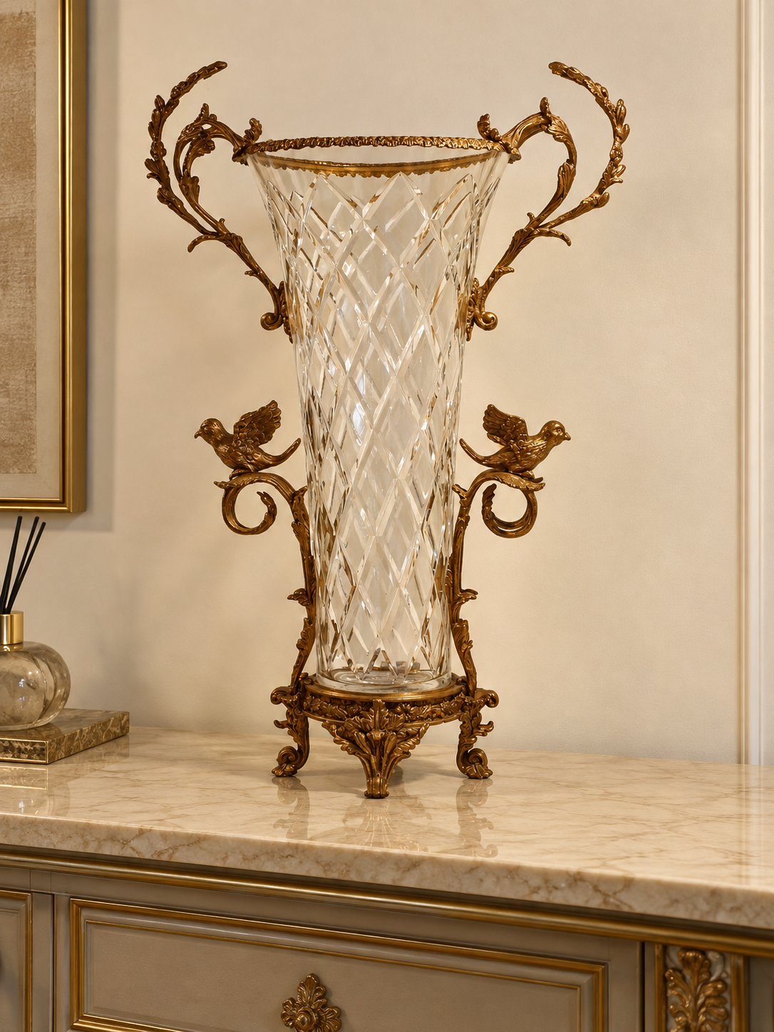 Vase à oiseaux en cristal et bronze – 44 cm