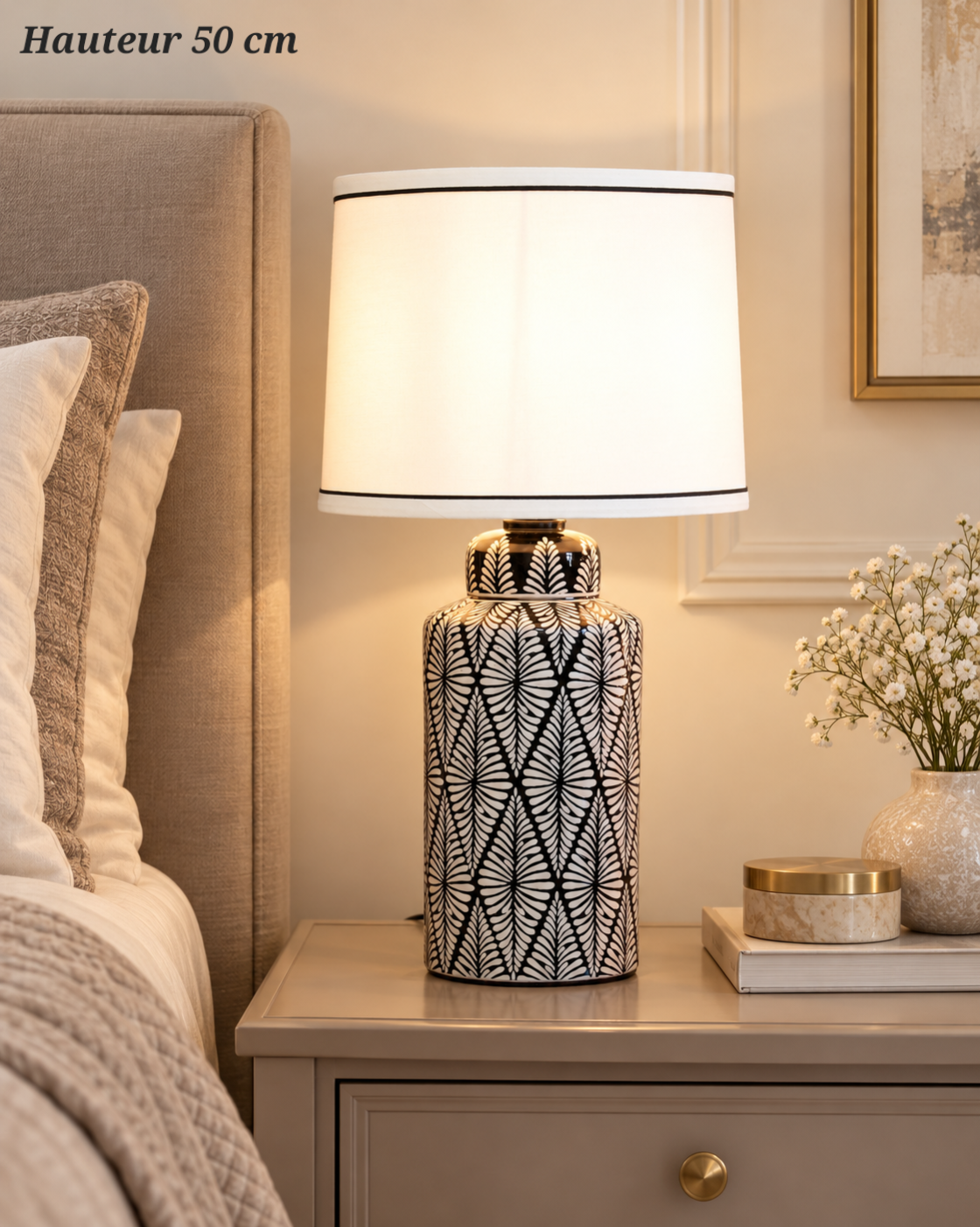 Lampe à poser Palmes Graphiques noir et blanc – 50 cm