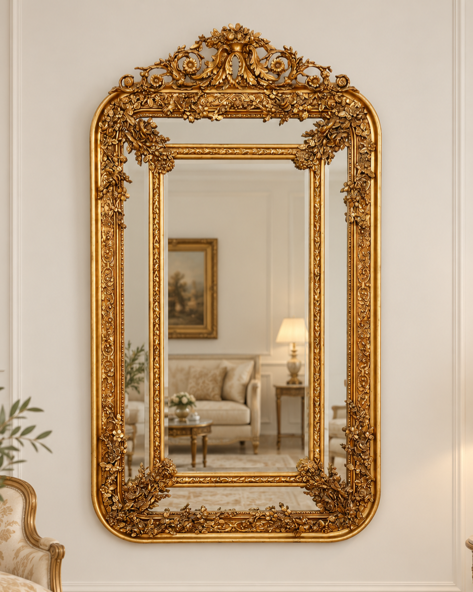 Miroir Fontainebleau avec cadre en bois doré à la feuille, décor floral et couronnement ajouré, 180 × 100 cm