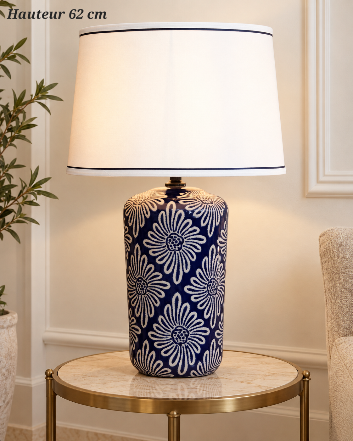 Lampe à poser Marguerite bleu nuit et blanc – 62 cm