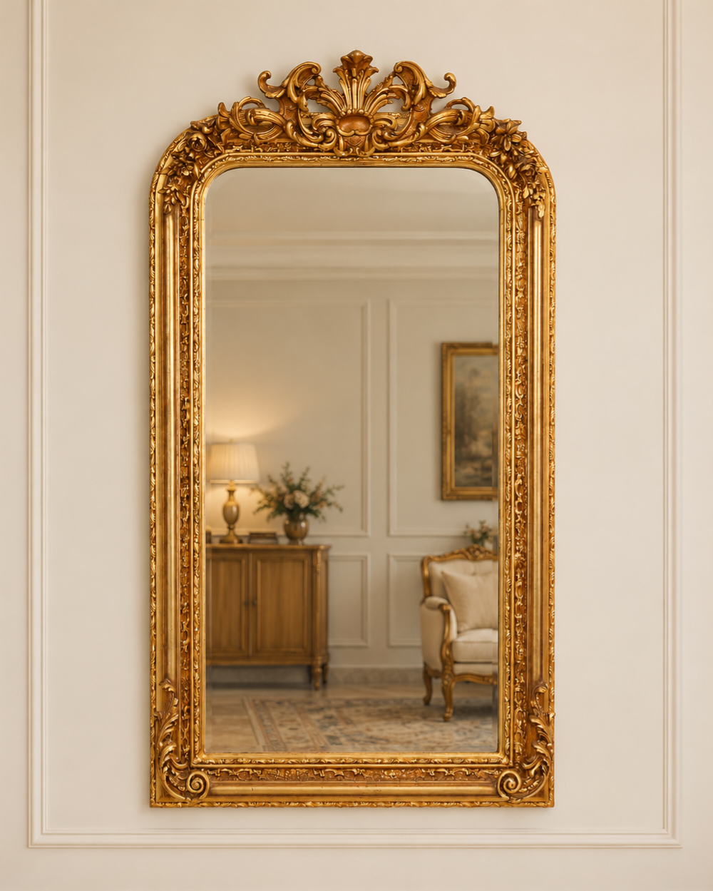 Miroir Chambord en bois doré à la feuille, couronnement à volutes et motif central en éventail, 152 × 85 cm