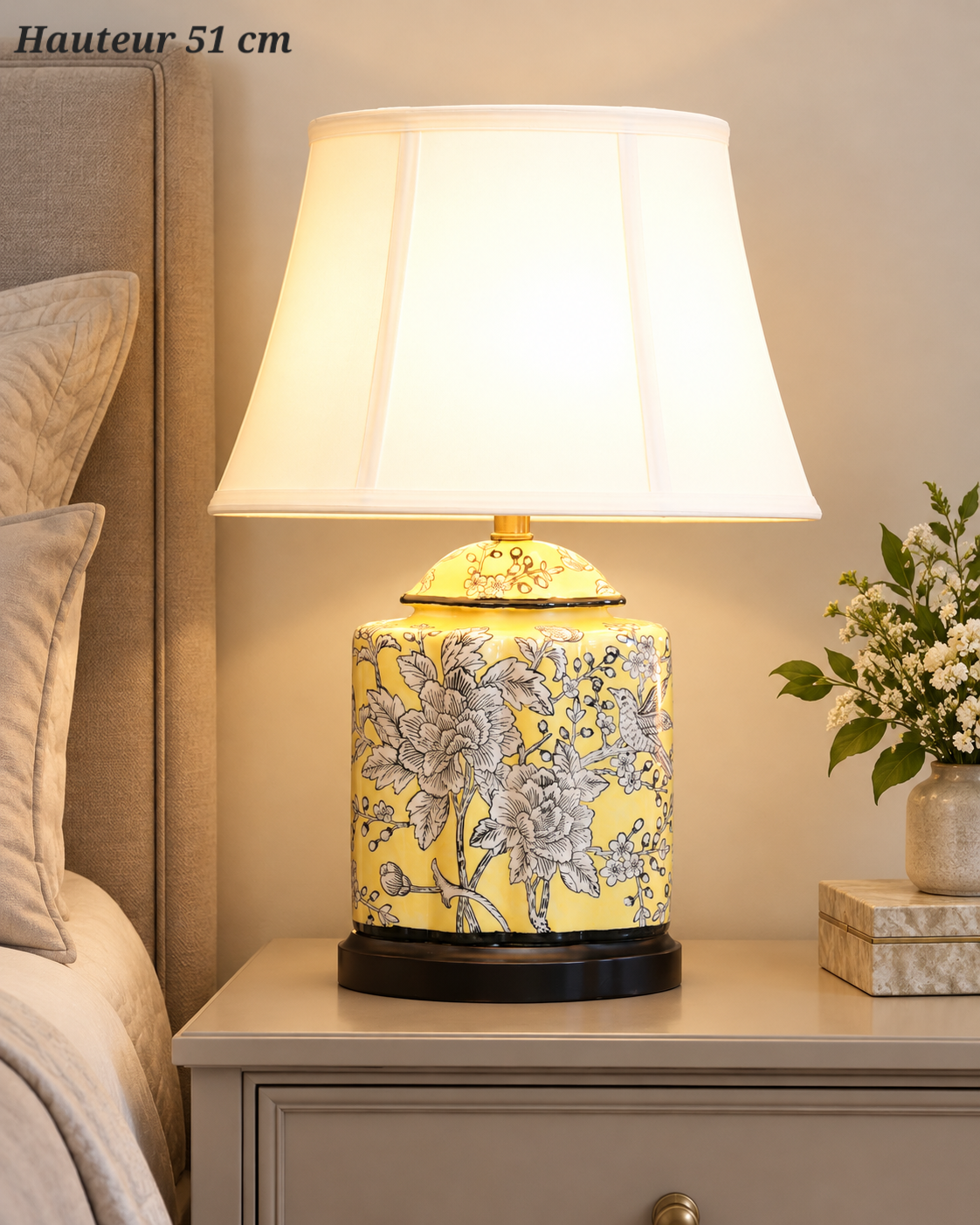 Lampe à poser Floréa jaune à motifs floraux – 51 cm
