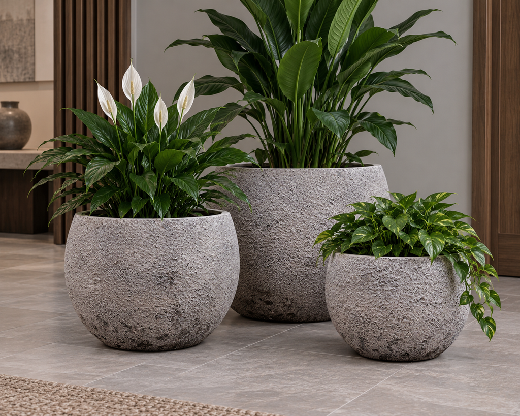 Pot décoratif arrondi gris texturé