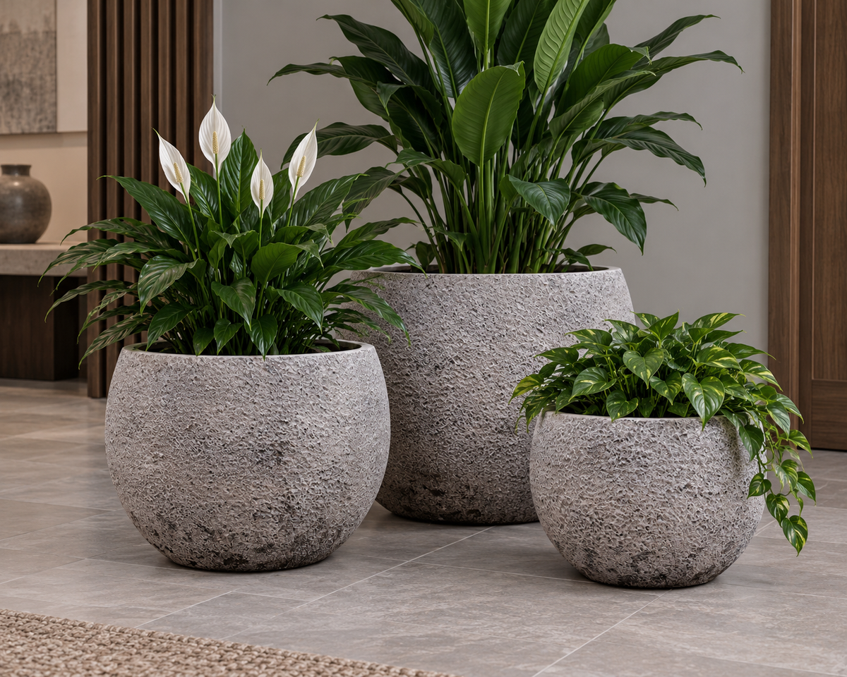 Pot décoratif arrondi gris texturé