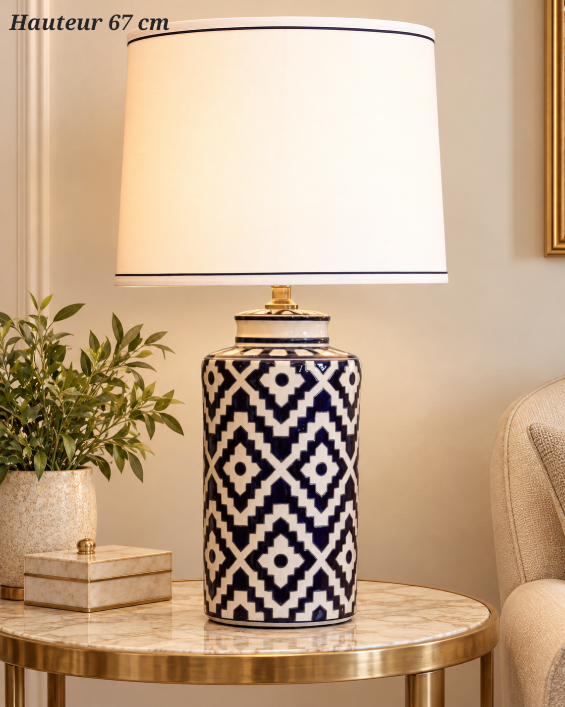 Lampe à poser Mosaïque bleu nuit et blanc – 67 cm